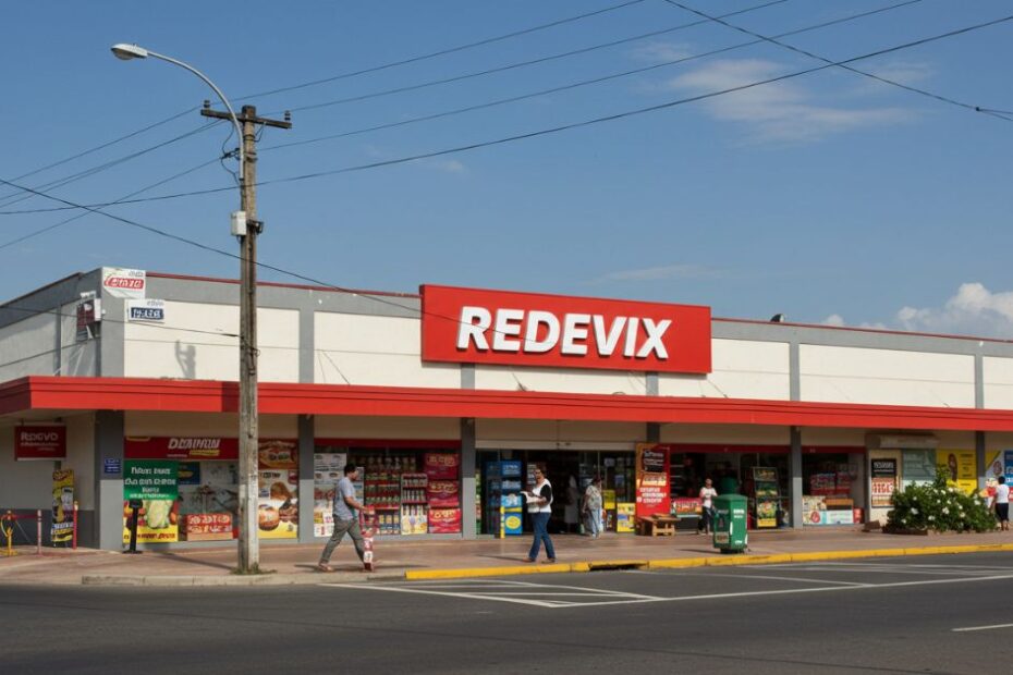 Fachada do supermercado Redevix em Guarapari, Espírito Santo, com a placa vermelha "REDEVIX" em destaque e pessoas entrando e saindo da loja.