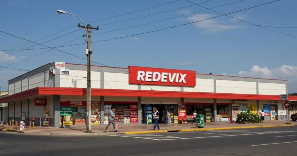 Fachada do supermercado Redevix em Guarapari, Espírito Santo, com a placa vermelha "REDEVIX" em destaque e pessoas entrando e saindo da loja.